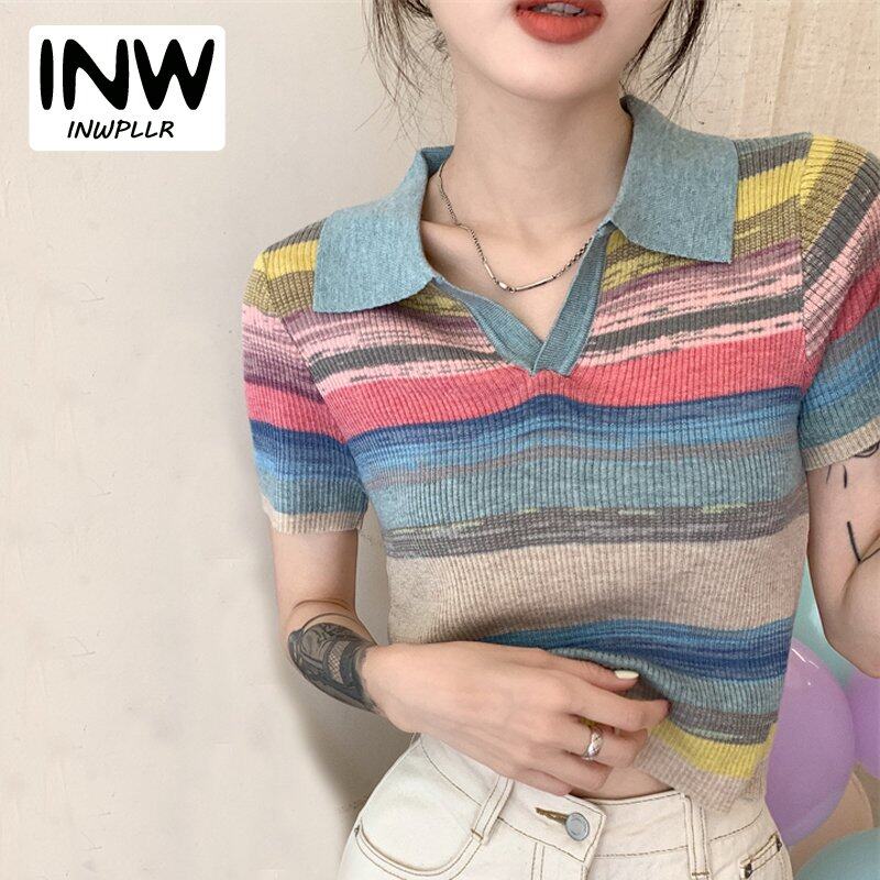 INWPLLR New Fashion Design Tees Tops For Women Port Flavor Short Sleeve Tshirt Contrasting Colorful Striped T-Shirts Female