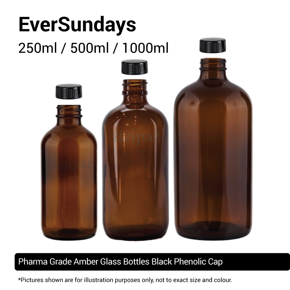 ( 3pcs/5pcs/10pcs ) EverSundays Amber Glass Bottles + Black Phenolic Cap - 250ml, 500ml, 1000ml