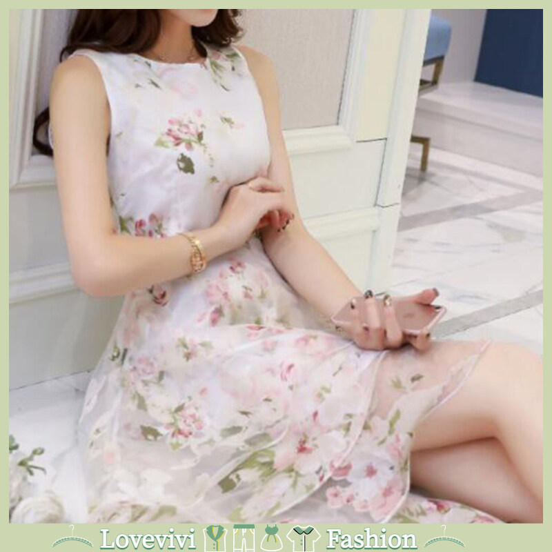 Women Summer Organza Puffy Dress Round Neck High Waist Sexy Sleeveless Floral Printing Mid-length Dress