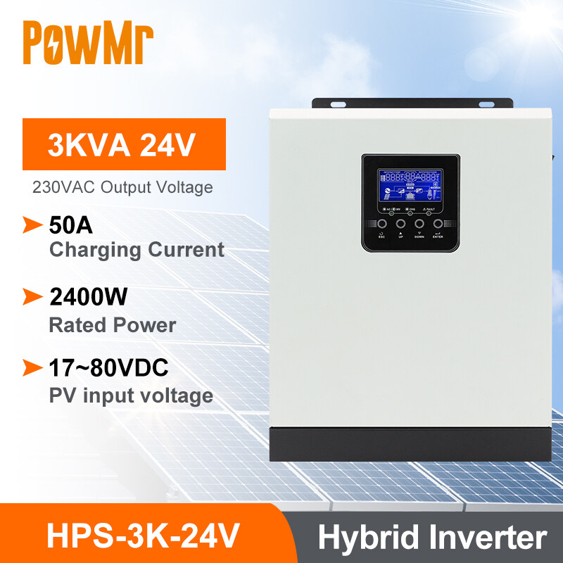 PowMr 3KW PWM Hybrid Solar Inverter 220V 50A Pure Sine Wave Inverter MAX 80V PV Input HPS-3K-24V