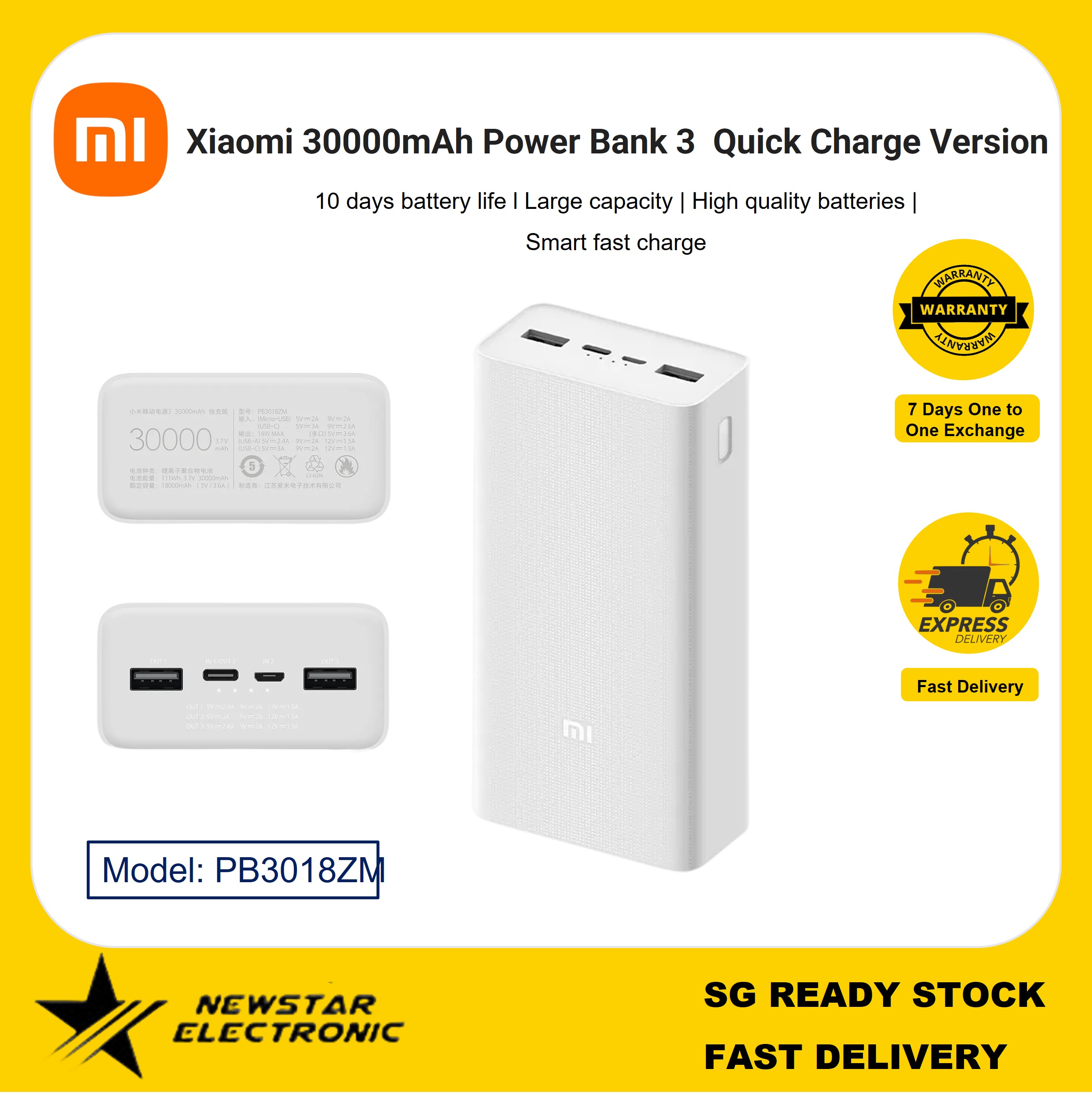 Xiaomi Power bank 3 30000mAh PB3018ZM 3 USB Type C 18W Fast Charging (EXPORT)