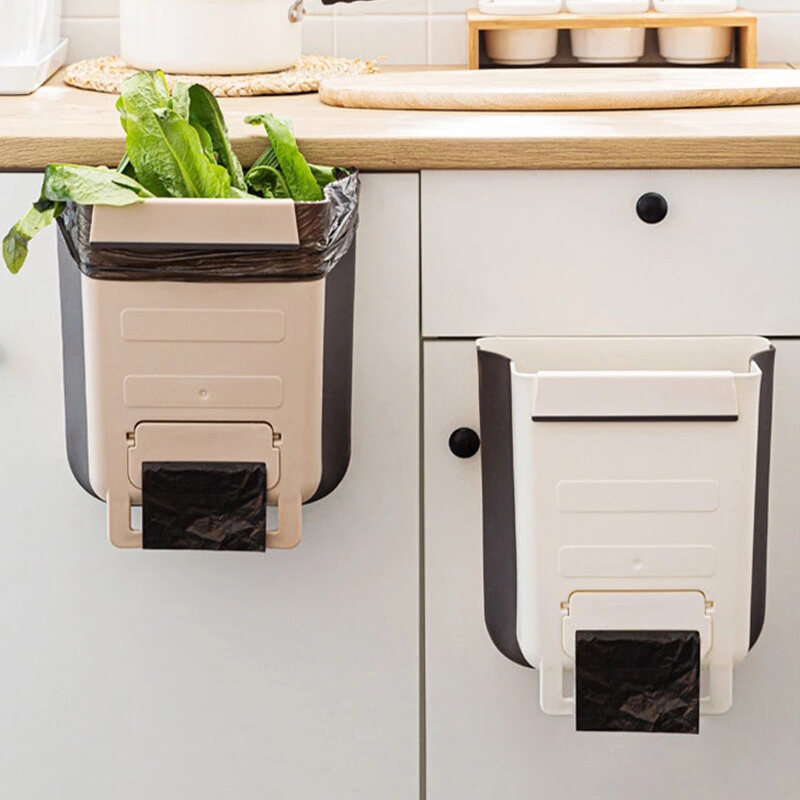 1PCS Multifunction  Wall Mounted Folding Waste Bin Kitchen Cabinet Door Hanging Trash Bin Garbage Car Trash Can Wall Mounted Foldable Cleaning Towel Holder Rack Shelf