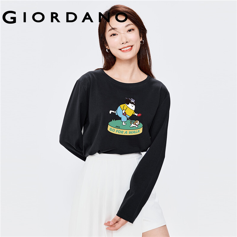 GIORDANO Women WHIKO Series T-Shirts Cute Print Long Sleeve Casual T-Shirts 100% Cotton Crewneck Simple Relaxed Tee 99392149