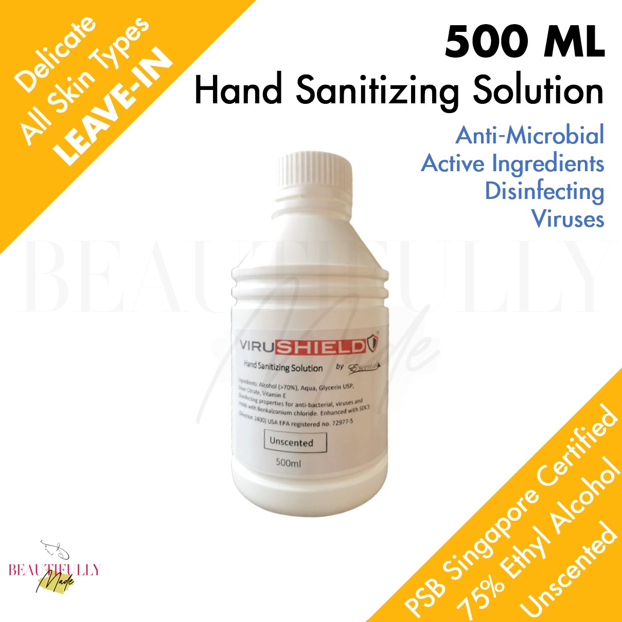 [MADE IN SG] Escential VIRUShield Hand Sanitizer 500ml - Anti Virus Bacteria • 75% Ethyl Alcohol Hand Rub • Fragrance Free • Non Sticky Delicate Skin Gentle & Soft • No Rinse No Need To Wash Hand Sani