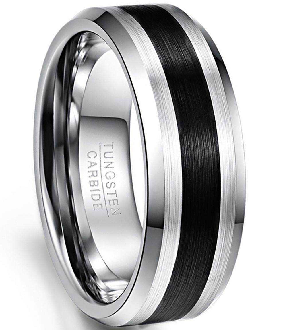 AVECON 【Support Engrave】Mens 8MM Tungsten Ring Brushed Finish and Black Center Beveled Edge Size 5 to 14