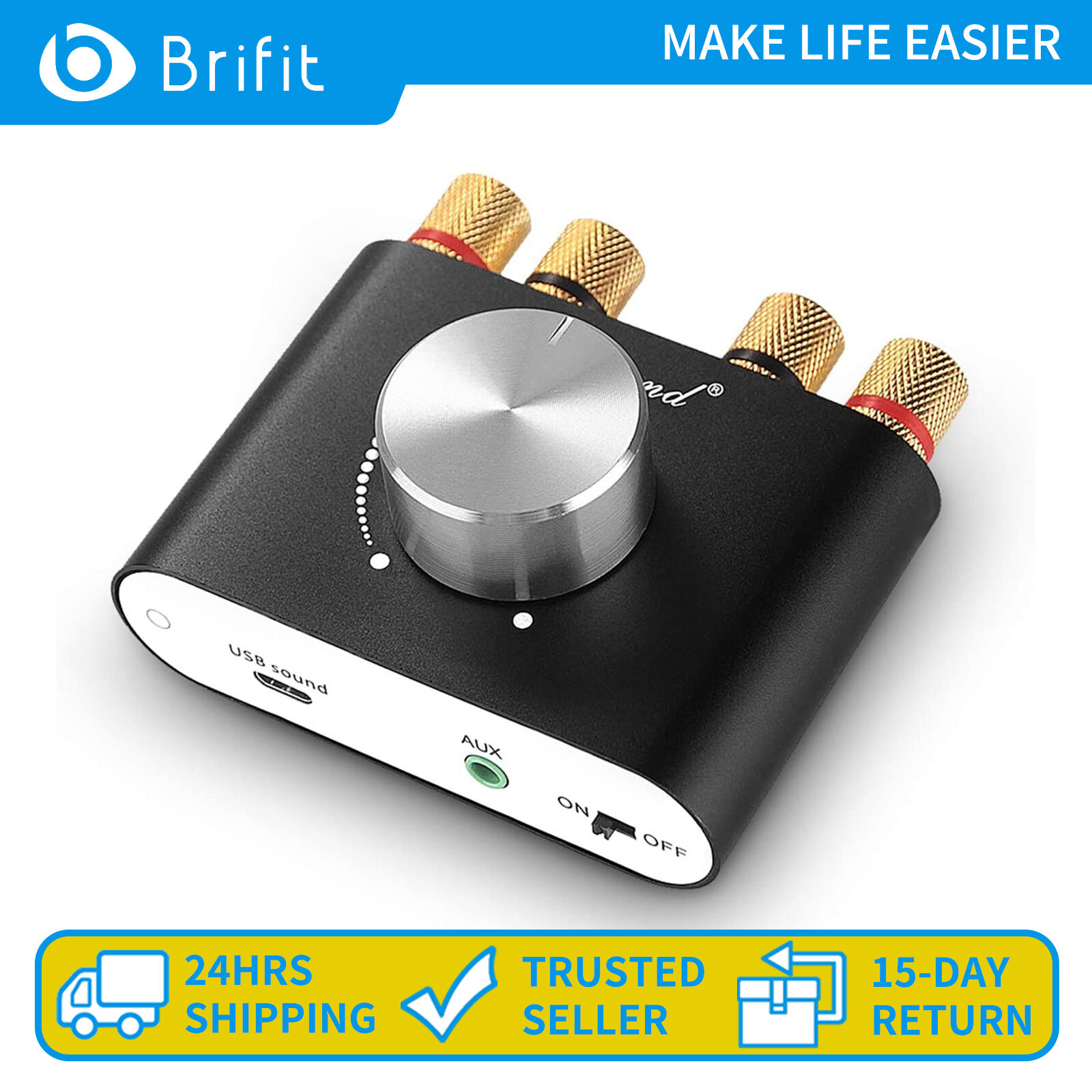 Brifit Mini Bluetooth 5.0 Power Amplifier, Stereo Hi-Fi Digital Amp 2.0 Channel 50W×2 with AUX/USB/Bluetooth Input, Wireless Audio Receiver, PC Sound Card with Power Supply (Black)