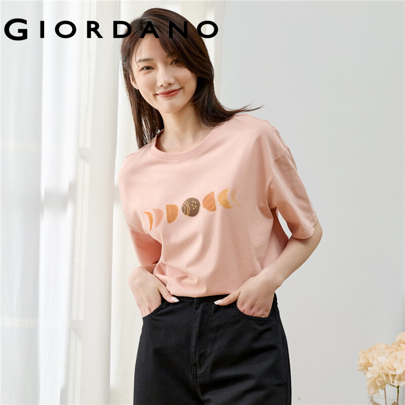 GIORDANO HuaXianSheng Series Women T-Shirts Crewneck Printed Graphic T-Shirts Short Sleeves Summer 100% Cotton Tops 99391185