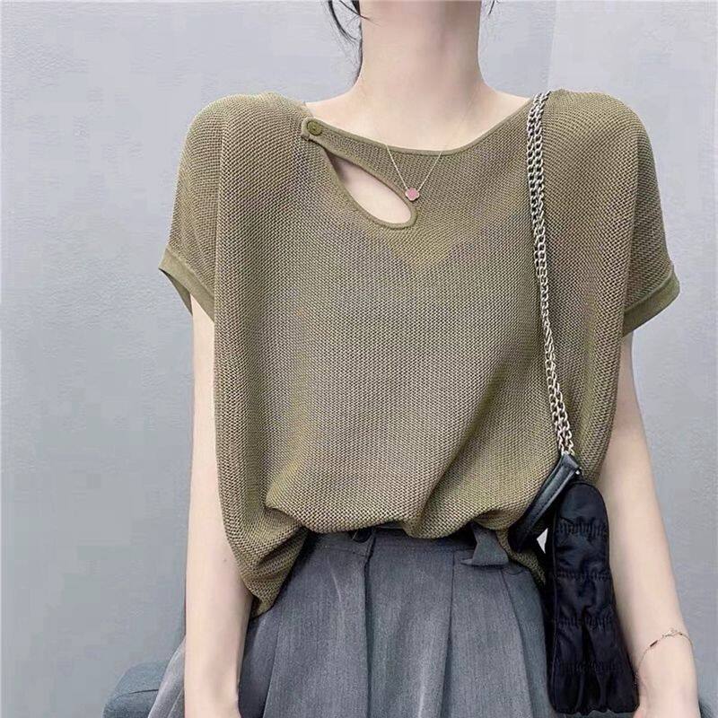 2022 Summer New Sexy Hollow Ice Silk Sweater Women's Korean Version All-match Solid Color Round Neck Short-sleeved T-shirt Top