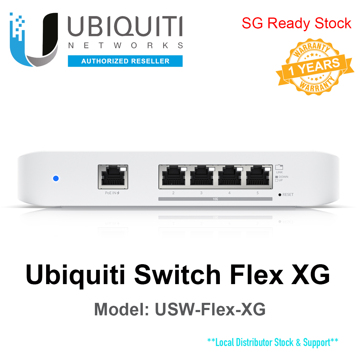 USW-Flex-XG Ubiquiti Layer 2 UniFi switch with 4 x 10GbE RJ45 ports and 1 x GbE, 802.3at PoE+ RJ45 input UBNT with UK Power Cord - 1 Year Local Warranty
