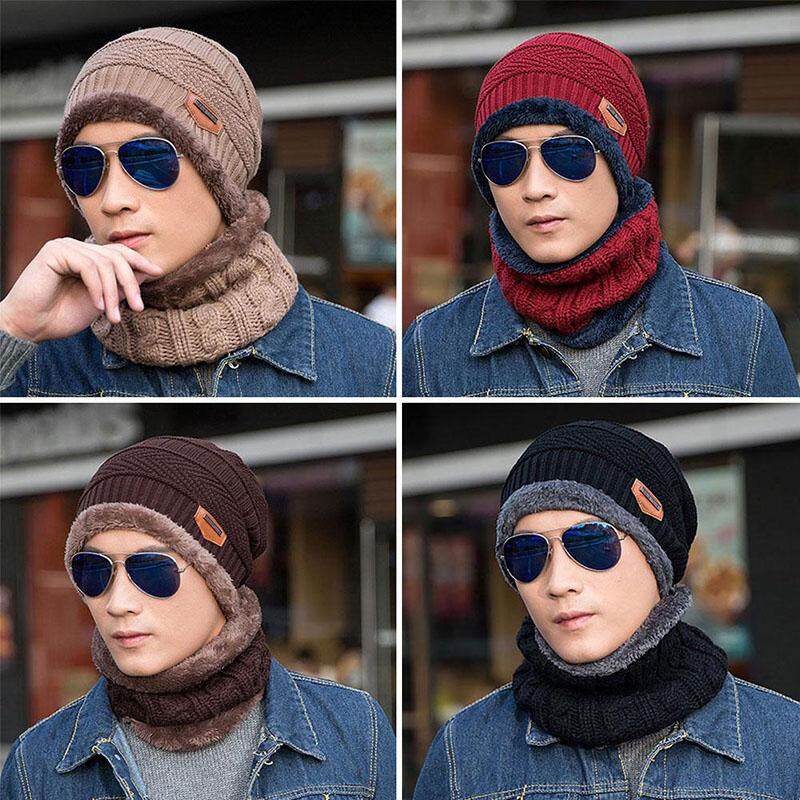 2 Pcs/set Knitted Hat Scarf Caps Neck Warmer Winter Hats For Men Women Skullies Beanies Warm Fleece Cap