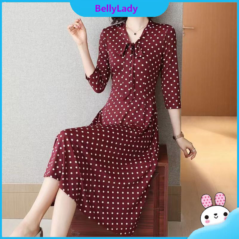 Women V Neck Dress Trendy Polka Dot Printing A-line Skirt Three-quarter Sleeves Pullover Dress