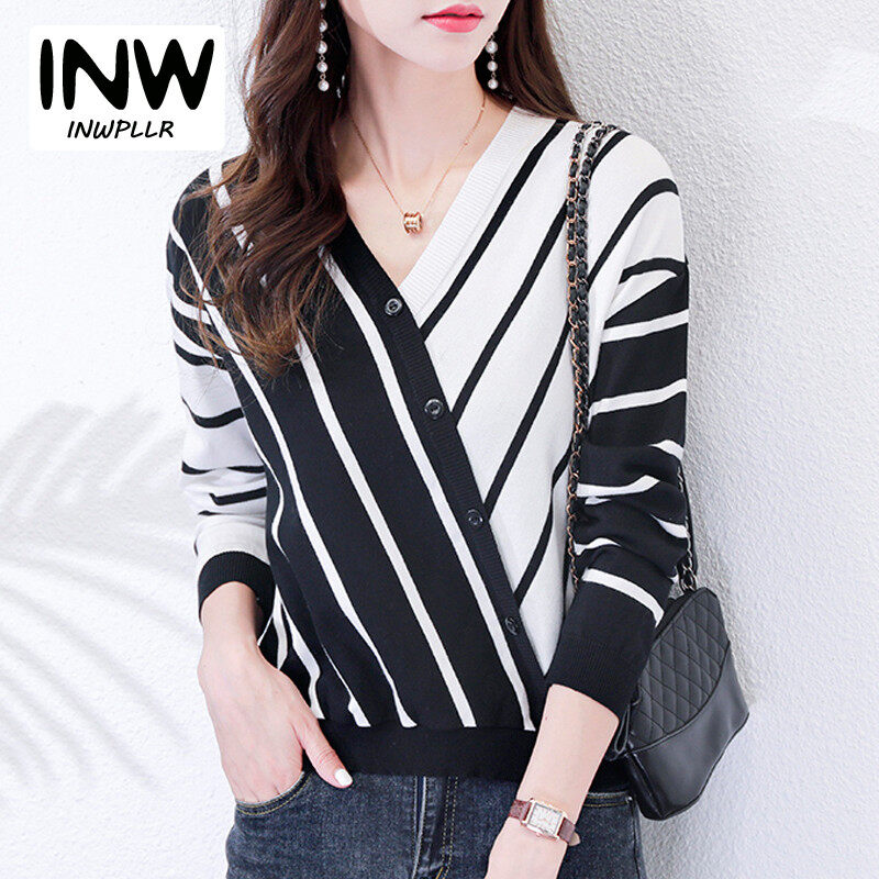 INWPLLR Multi Colors Lady T-shirts Stripe Patchwork Tshirts Korean Buttons Knit Tops Autumn Fashion V-Neck Women Tops Tees