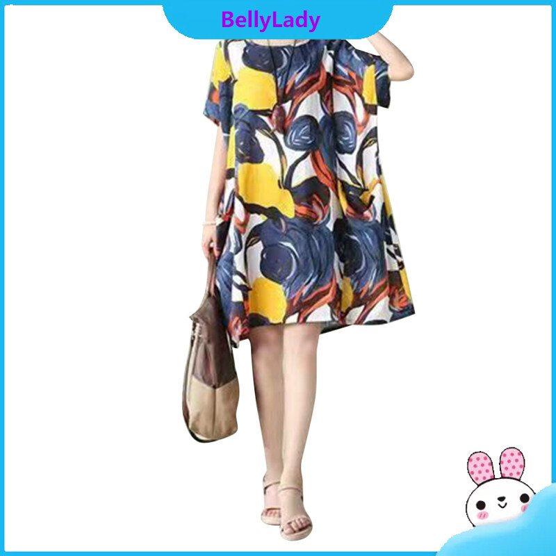 Women Dress Ice Silk Abstract Pattern Print Round Collar Short-sleeved Loose Mid-length Skirt