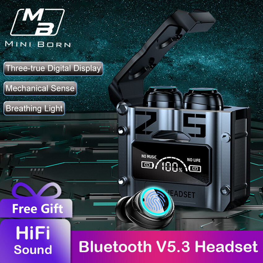 Mini Born Wireless Bluetooth Headset Mechanical Tri-Real Digital Display Bluetooth V5.3 Earphone E-Sports Headphone LED Display HiFi Stereo Sound Sports Gaming Bluetooth Headset 