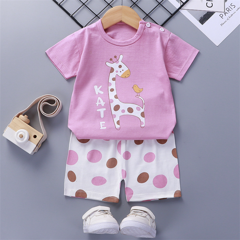 QINN Toddler Baby Kids Boys Girls 100% Cotton Clothing Sets Cute Print T-shirts Tops + Shorts Pants Trousers Home Wear Children Boy Girl Pajamas Clothes Set For 0-7 Years