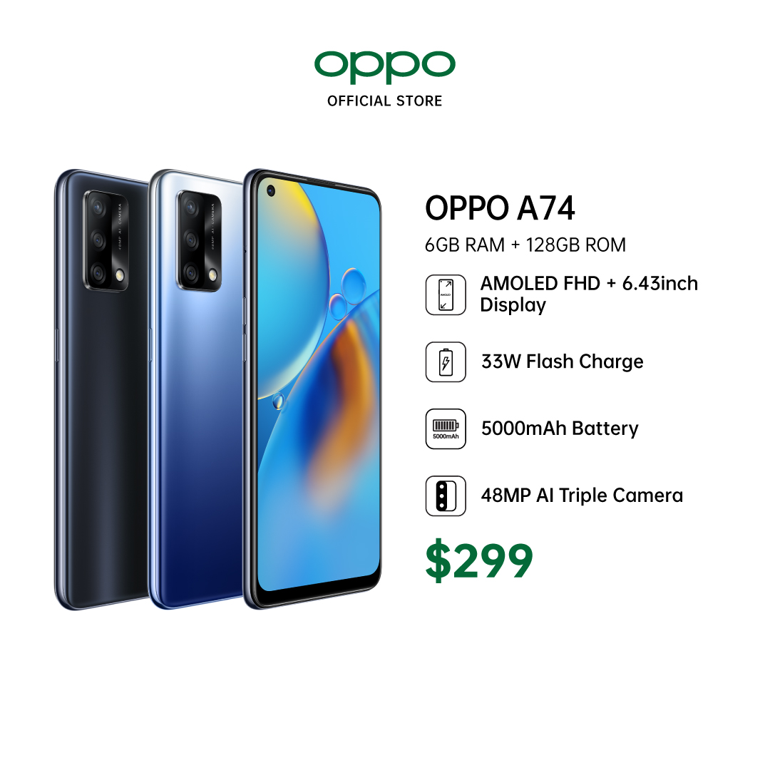 OPPO A74 / AMOLED FHD+ 6.43inch Display/ 33W Flash Charge/ 5000 mAh Battery / 6GB + 128GB