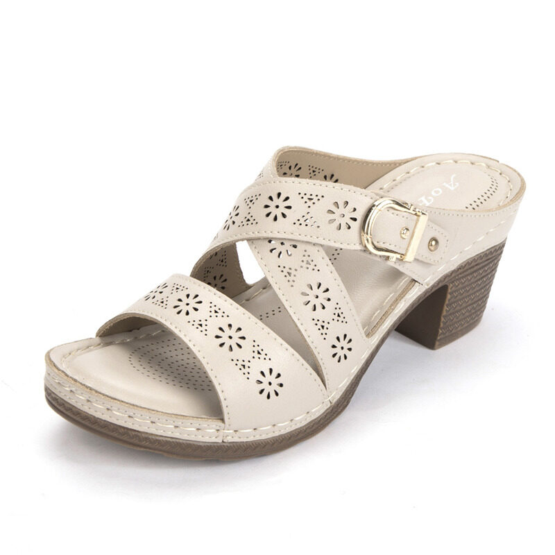 U-COZY Block Heeled Sandals Women Slip-on Cross Cutout Heels Wedges