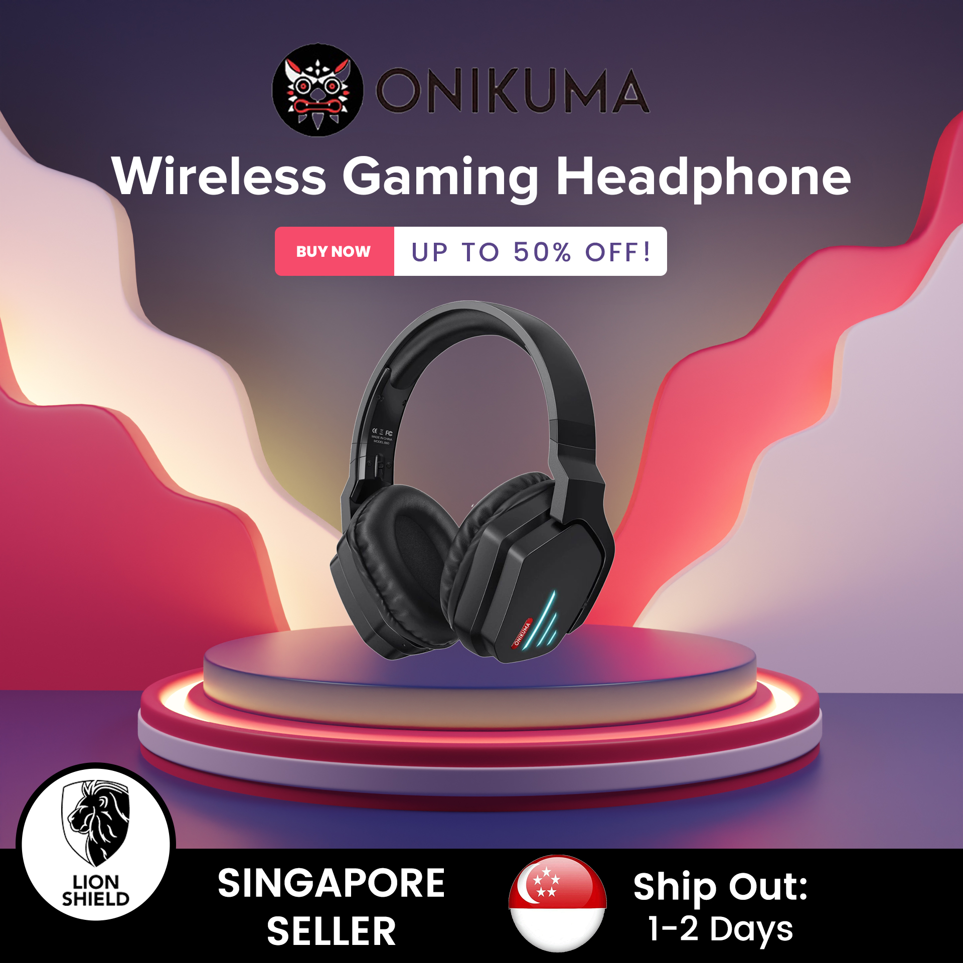 [SG] ONIKUMA B60 Bluetooth Wireless Gaming Headset with Noise Cancellation Mic and LED Light for Laptop Computer Headphones