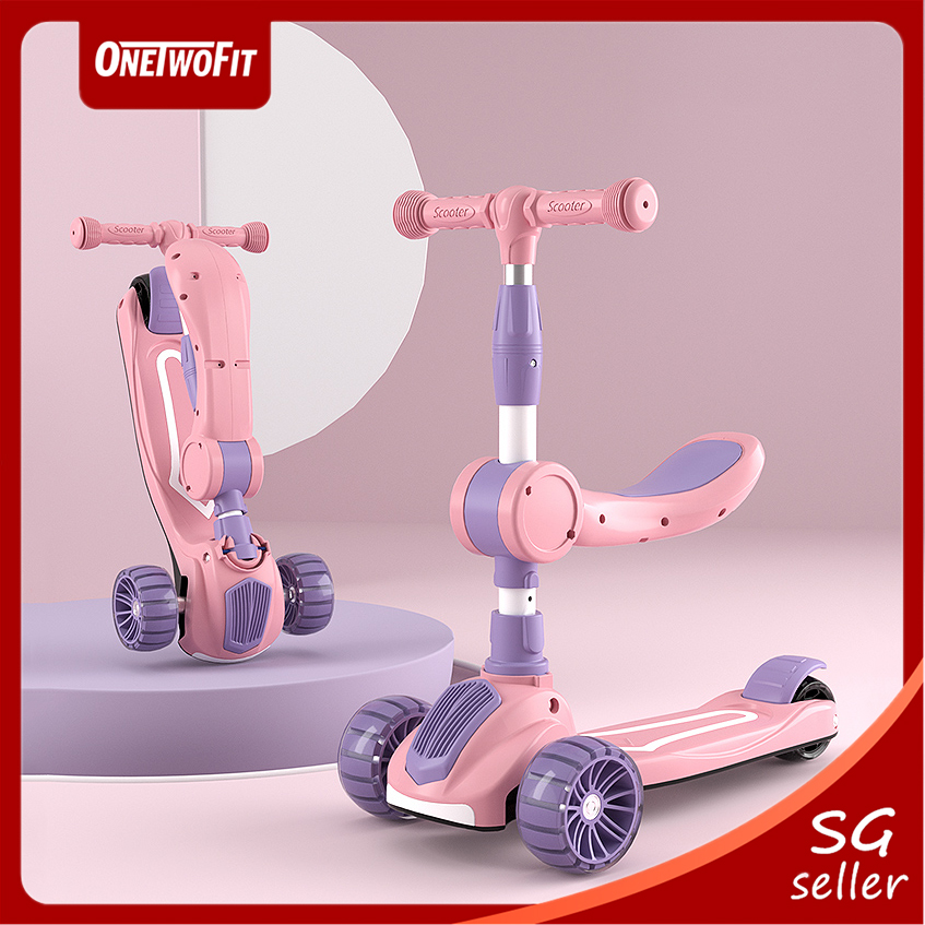 ?? OneTwoFit Kids Adjustable Light Scooter With Seat Music Colored Children Scooters