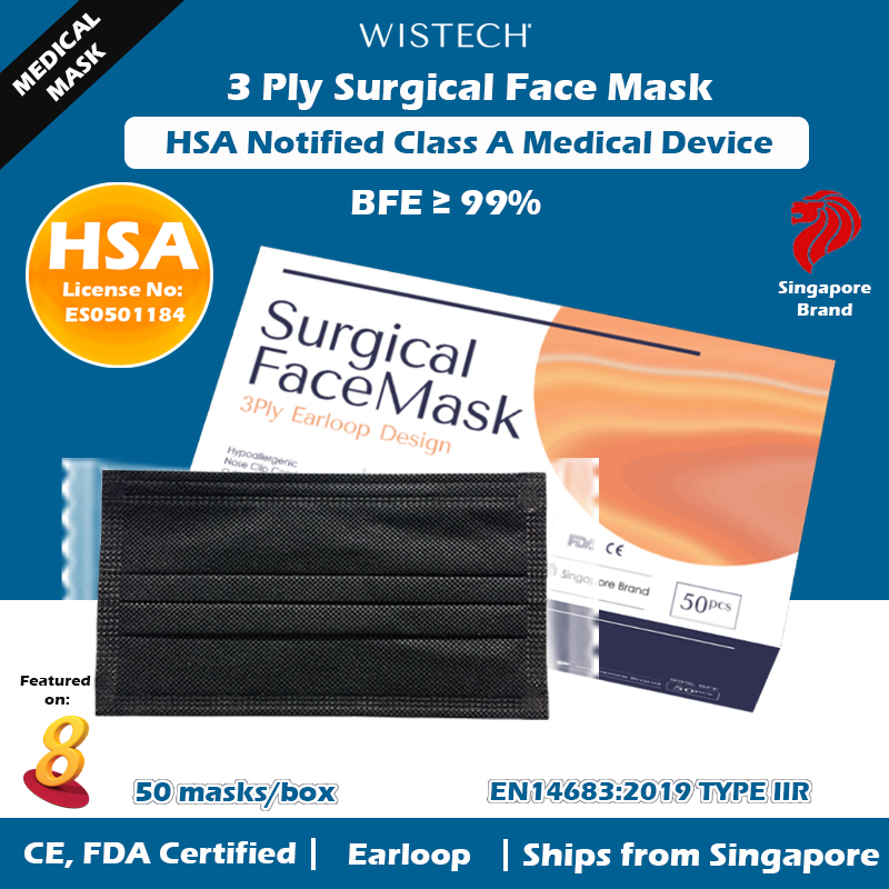 [GET %% OFF MIX AND MATCH]  [Individually Sealed] (Blue/White/Black/Pink) Wistech 3 Ply Surgical Face Mask, 50 pieces, HSA Notified Medical Device, FDA CE Approved, BFE 99%
