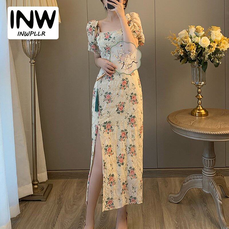 INWPLLR New Arrival Floral Print Women's Dress Fashion Elegant Square Collar Long Dress Summer Style Puff Sleeve Split Dresses Female