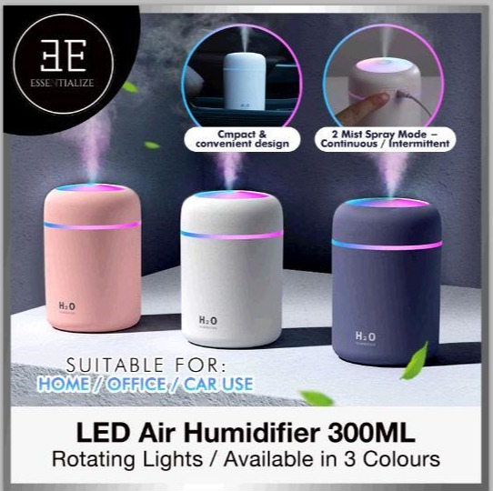 [Local Stock] 300ml Ultrasonic Home Air Humidifier Diffuser Purifier Aromatherapy Car Humidifier LED Light