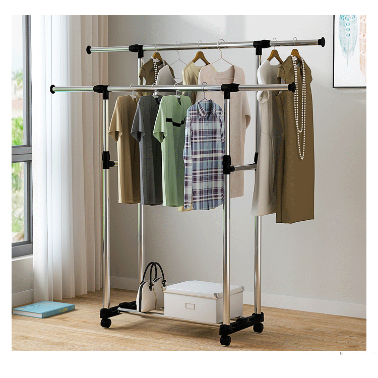 (SG STOCK) Adjustable Single & Double Pole Clothes Rack Stand Drying Rack Clothing Portable Hanging with Wheels