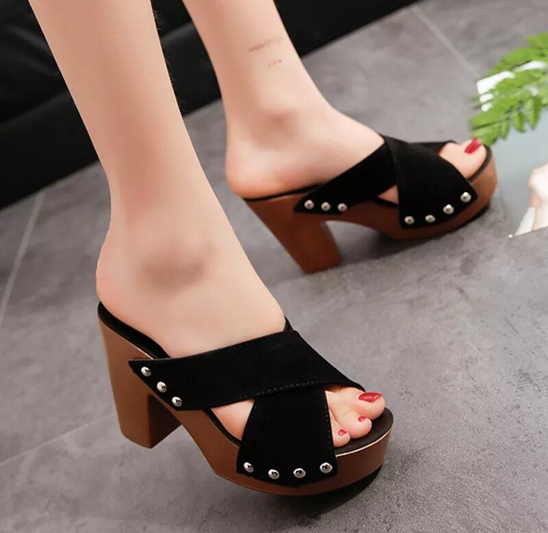 Summer Women Sandals Square High Heel Platform Flock Casual Rivet Pumps Peep Toe Female Elegant Ladies Shoes