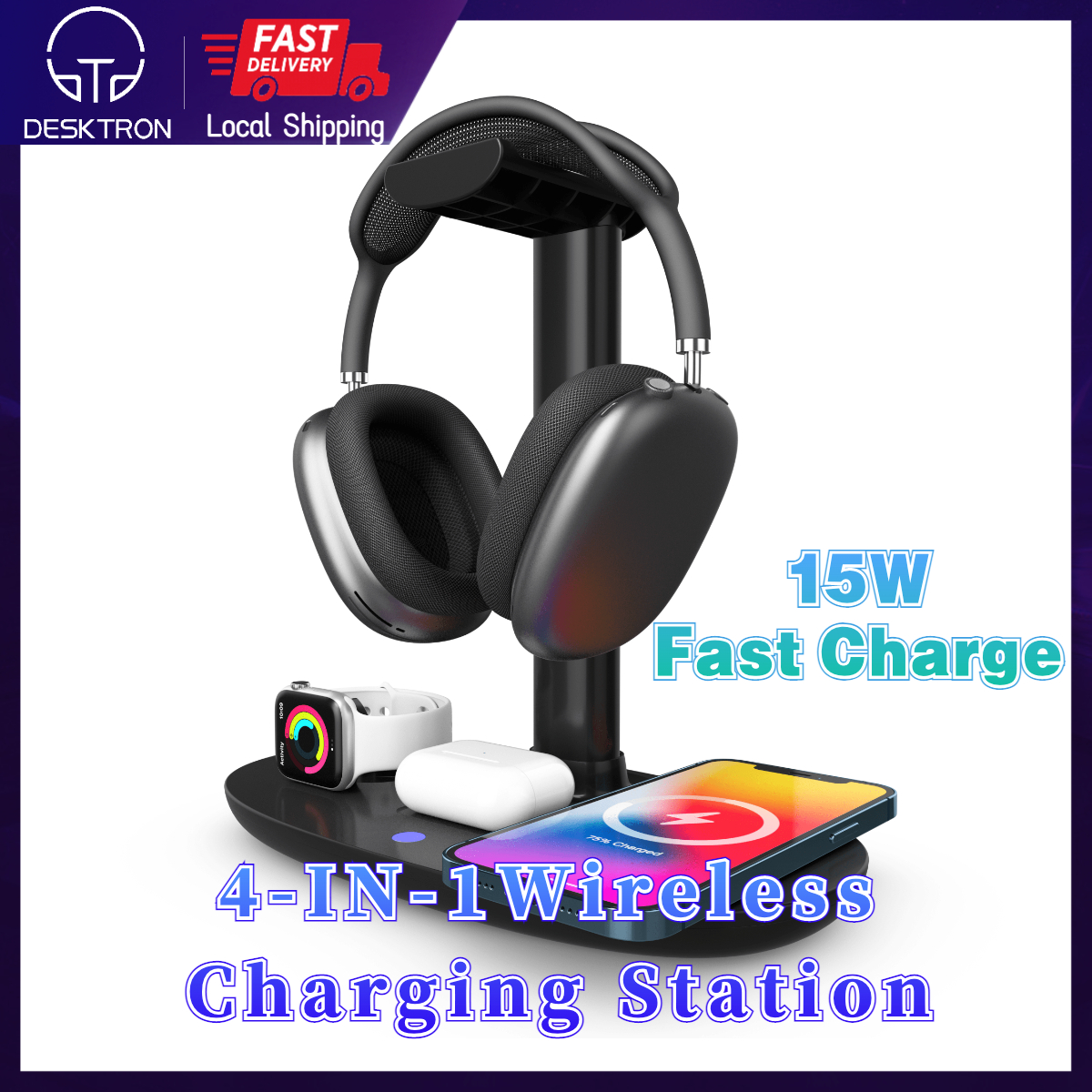 DESKTRON 4-IN-1 Wireless Charging Station. 15W Qi Fast Charging Dock Headset Rack. Headphone Display Rack Compatible for iPhone 13, Airpods iWatch and other phone with wireless charging function.