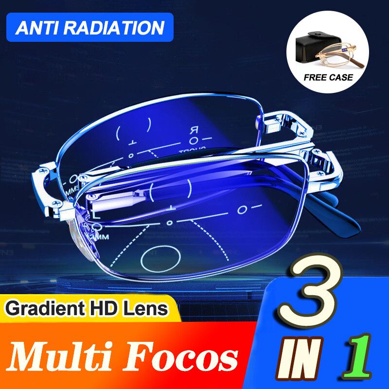 *Free Case* 3 IN 1  Foldable Reading Glasses Men Progressive Multi-Focus Women Anti Radiation Glasses Portable Folding Glass+1.0 1.5 2.0 2.5 3.0 3.5 4.0 Anti Blue Light