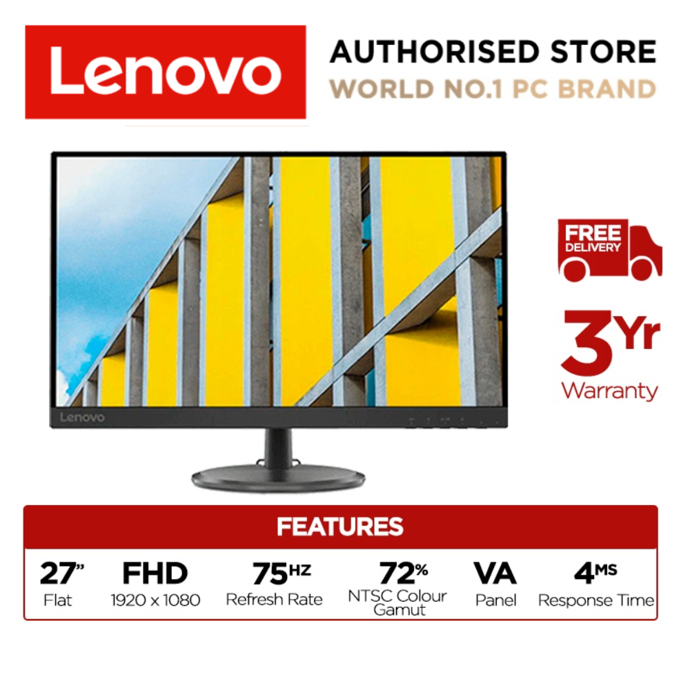 [BEST SELLER] Lenovo D27-30 27 Inch FHD 1920x1080 Monitor (66B8KAC6MY) 250nits | 72% NTSC 82 dpi | 4ms Response Rate | HDMI VGA Multiple Input | HDMI Cable Incl | 3Y Warranty