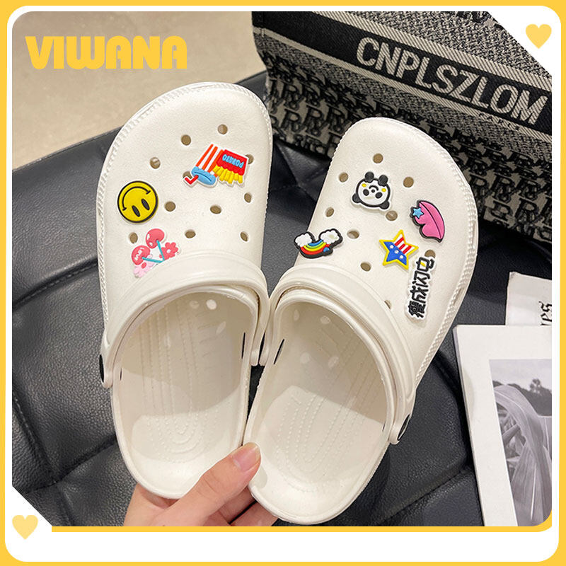VIWANA Unisex Sandals For Women Men Plus Size 44 Summer Beach Slippers Korean Style Black White Slip On Clogs Women Croc Shoes For Women On Sale