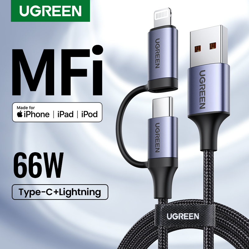UGREEN 2-IN-1 6A Fast Charging Cord With Type-C Lightning Plug for iPhone 14 13 Pro Max iPhone 14 Plus iPhone 12 11 Pro Max  SAMSUNG S20+ Huawei P40 SAMSUNG A50 Realme 6 pro 1 Meter