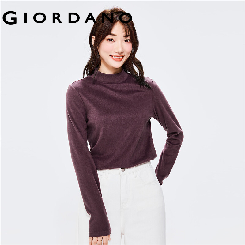 GIORDANO Women T-Shirts Mockneck Solid Color Long Sleeve Simple Basic Tee Stretchy Thermal Fleece Comfy Casual T-Shirts 05322822