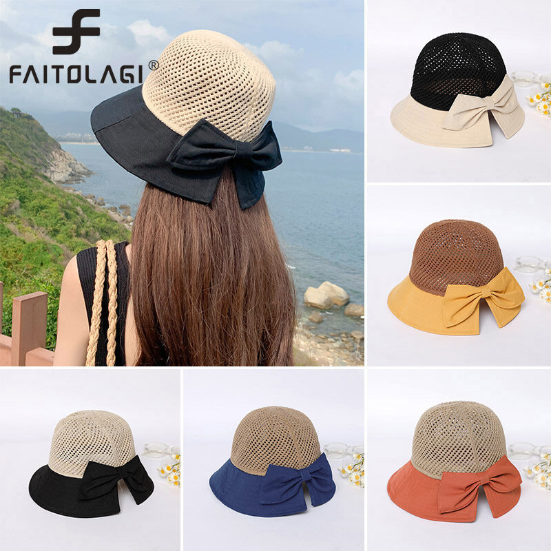 Summer Bow Decor Mesh Dome Bucket Hat for Women Anti UV Sun Hats Folding Outdoor Beach Caps Patchwork Female Cap