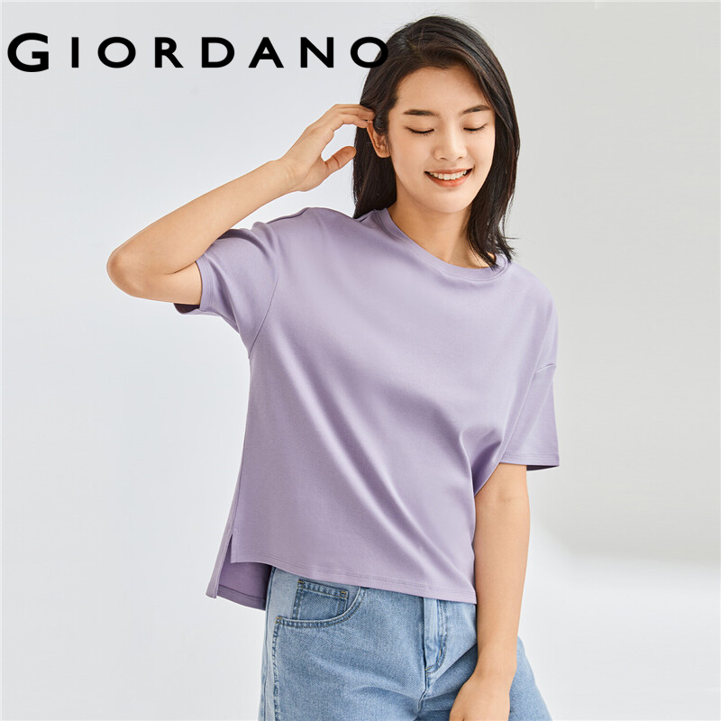 Giordano Women T-Shirts Loose Design Dropped-Shoulder Crewneck T-Shirts Patch Pocket Simple Solid Color Casual T-Shirts 05321202