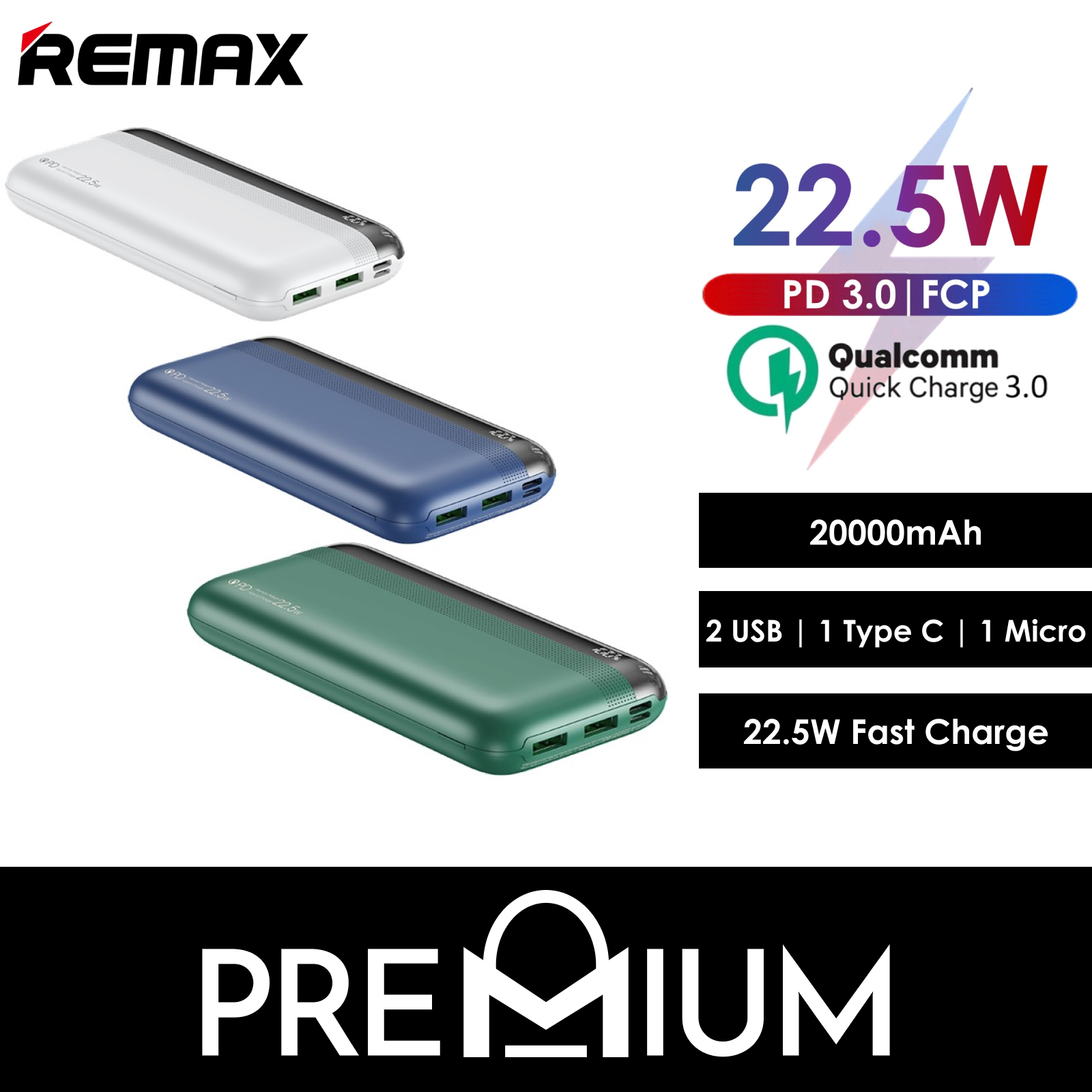 REMAX RPP-180 22.5W PD 20W  Kiren Series Multi Compatible Fast Charging 20000mAh Powerbank Portable Charger Charging Battery Compatible with Xiaomi Samsung iPhone Huawei