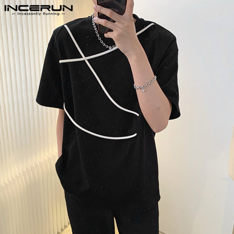 INCERUN Mens Womens Short Sleeve T Shirt Round Neck Casual Blouse Holiday Beach Tee Tops (Korean Style)