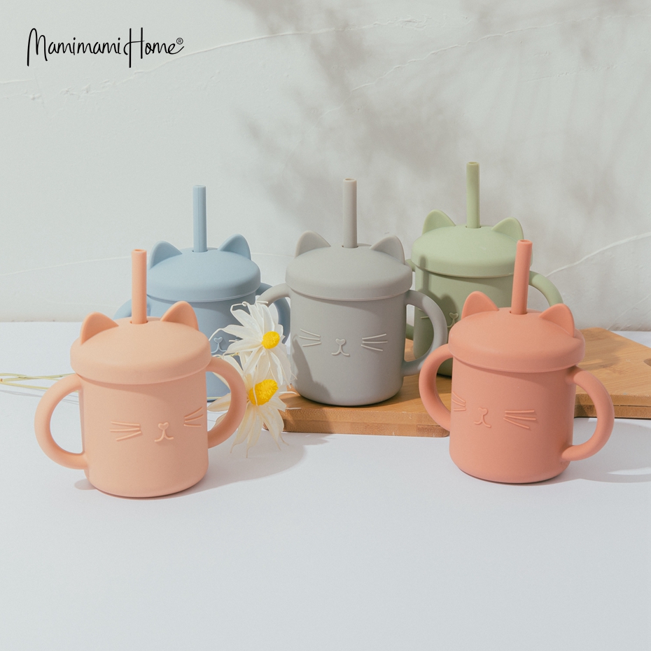 Mamimami Home Kids Sippy Cup 1PC 100% Food Grade Silicone Cups with Straw & Cover Cartoon Cat Baby Self-feeding Essentials