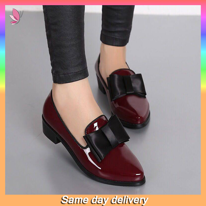 Ladies British Style Flat Pointed Patent Leather Bow Low Heel Small Leather Shoes