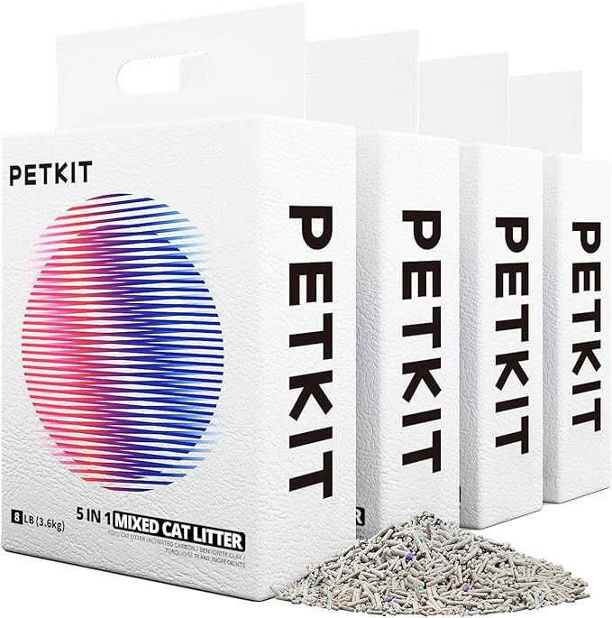 PETKIT Mixed 5 in 1 Cat Litter,Strong Clumping Cat Litters,Odor Control and Unscented Ultra Absorbent Water Flushable Bentonite Tofu Cat Litter,Dust-Free,8 lbs/Bag, pack of 4